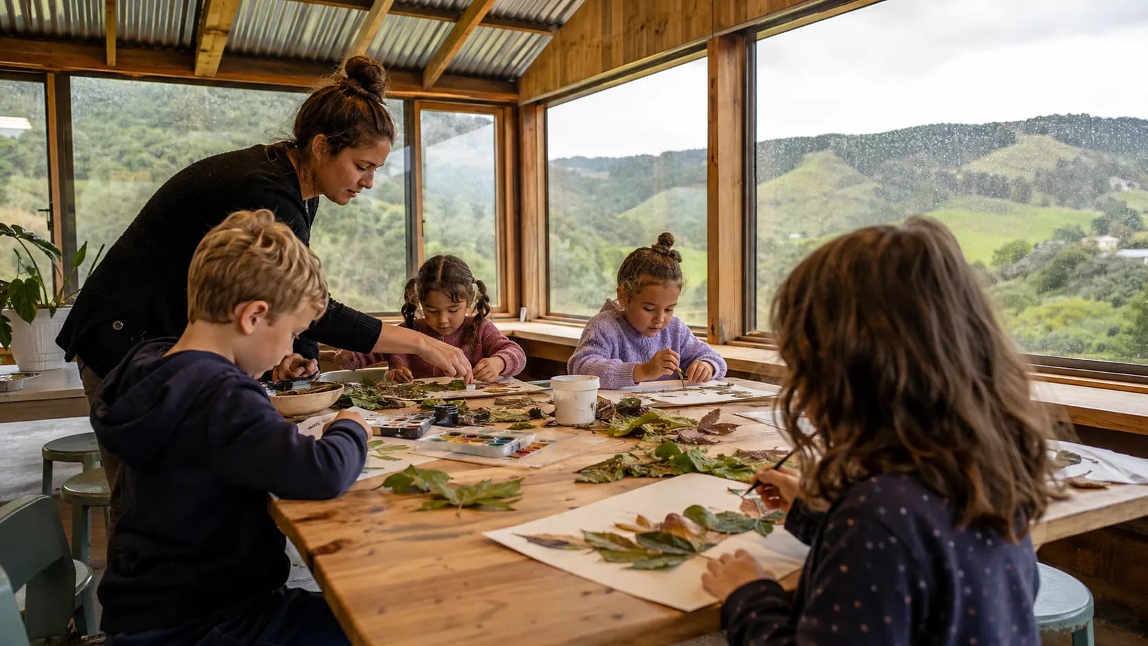 A teacher guides children through a lively hands-on activity class in New Zealand