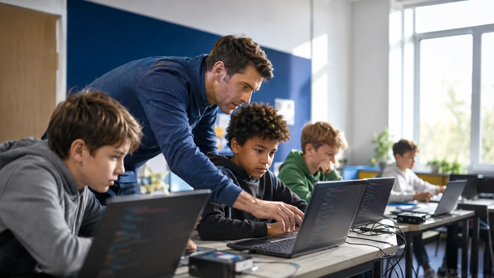 Kids building a coding project with a teacher in a New Zealand classroom