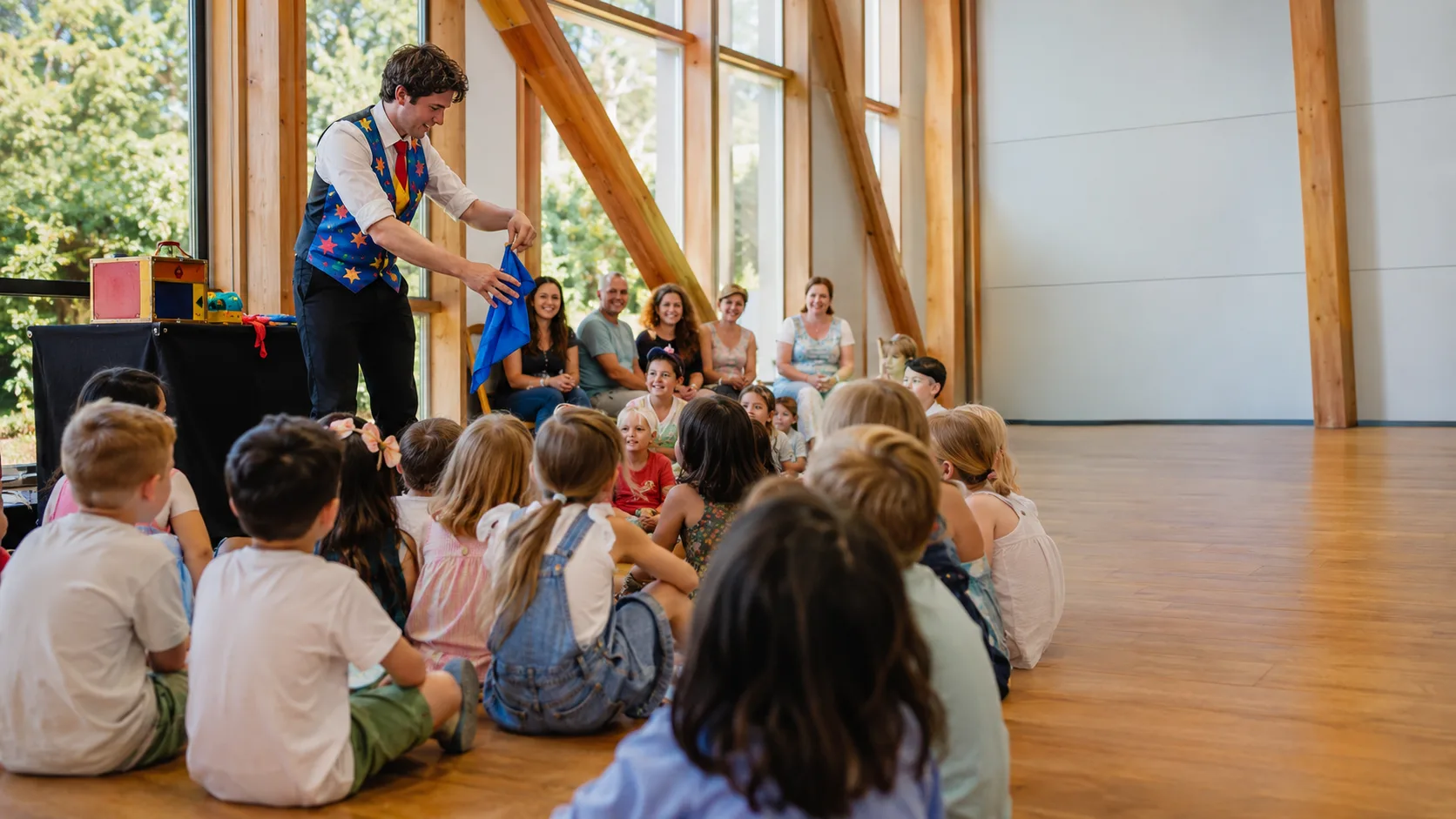 Children’s entertainer leading a cheerful party activity for families in New Zealand