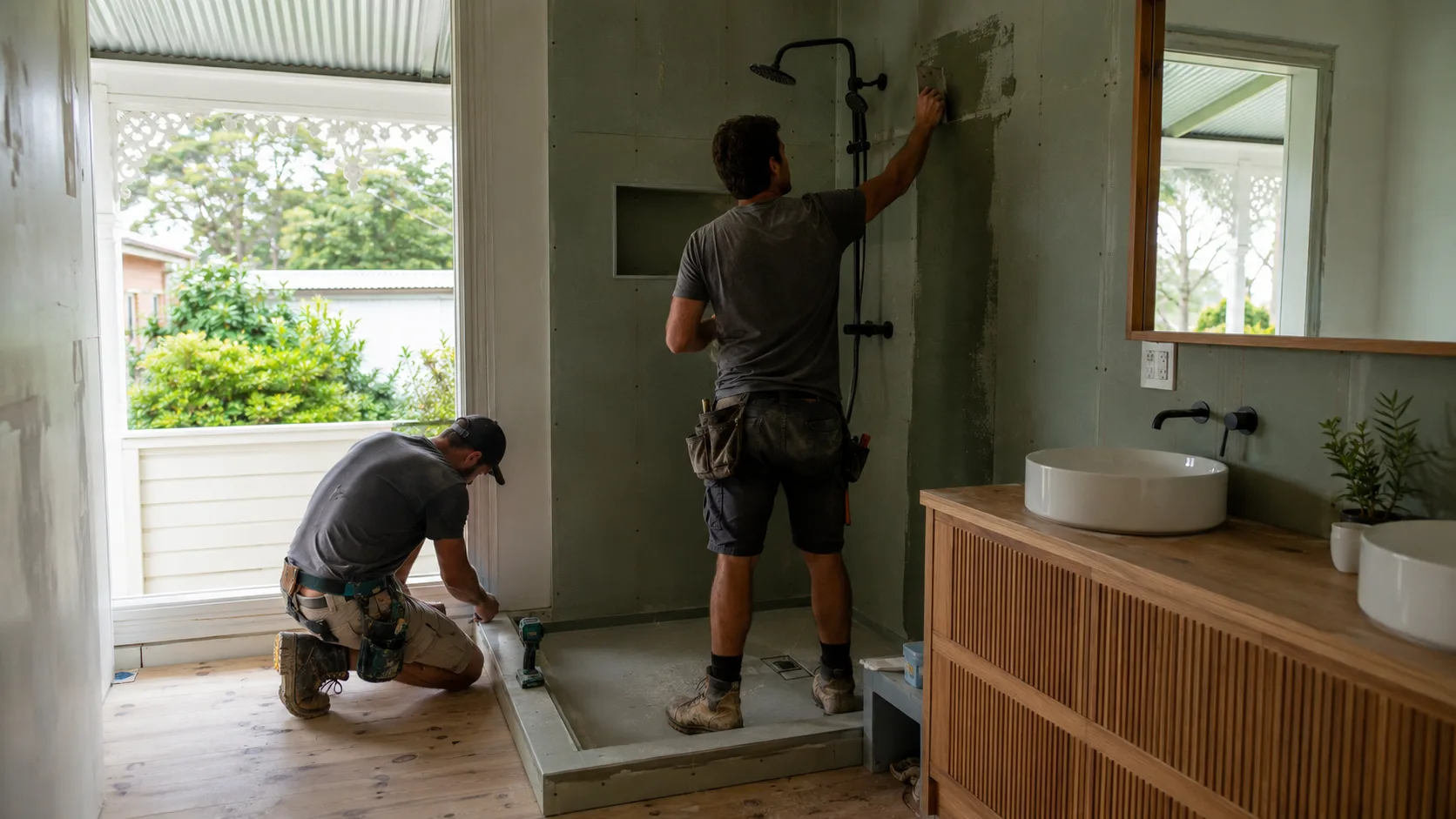A fitter installing a bathroom in New Zealand