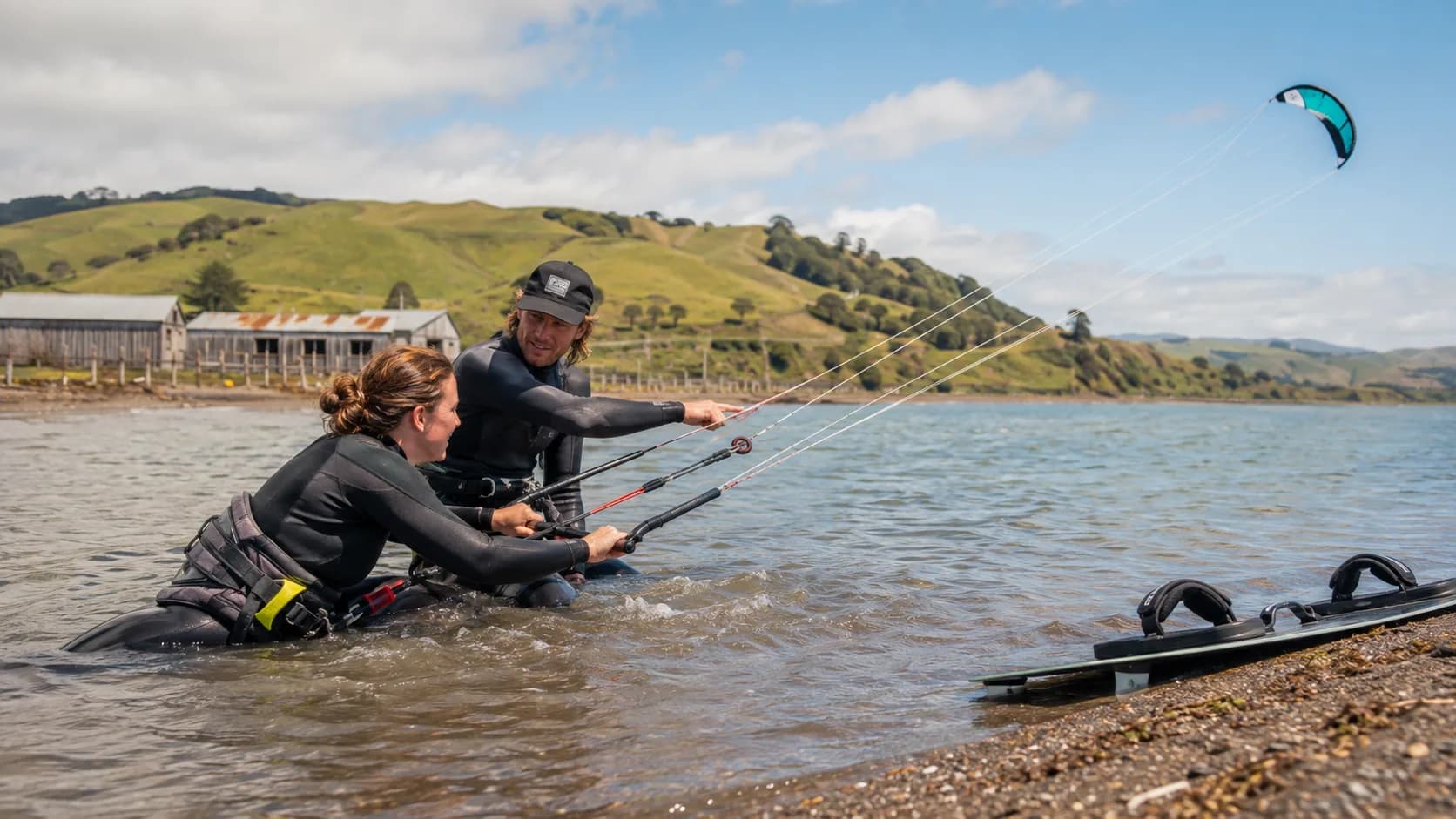 For kitesurf lessons, a learner practises body dragging during a New Zealand kitesurf lesson