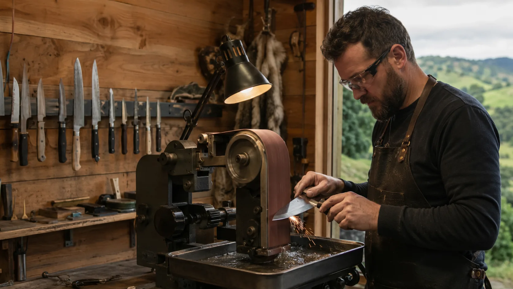 A mobile sharpener working a kitchen's knives on a bench in New Zealand