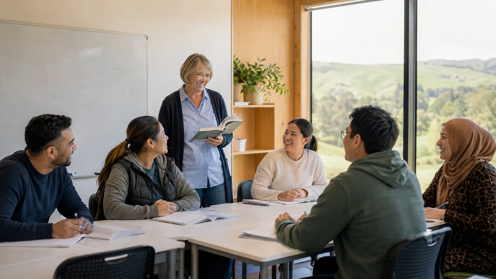 Small language lesson underway in a New Zealand adult-learning room
