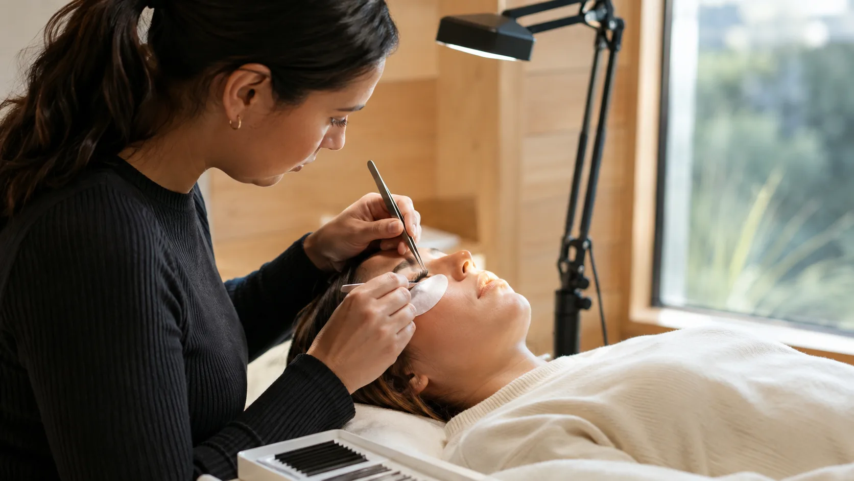 Lash artist applying extensions for a client inside a timber-lined studio in New Zealand