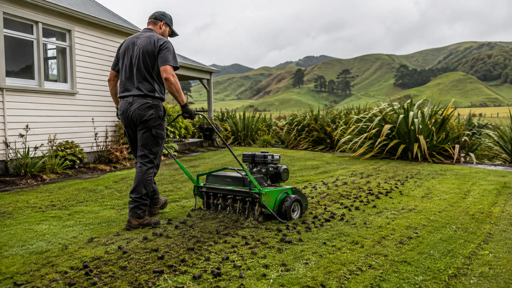 An operator runs an aerator over a New Zealand lawn with green hills behind the house