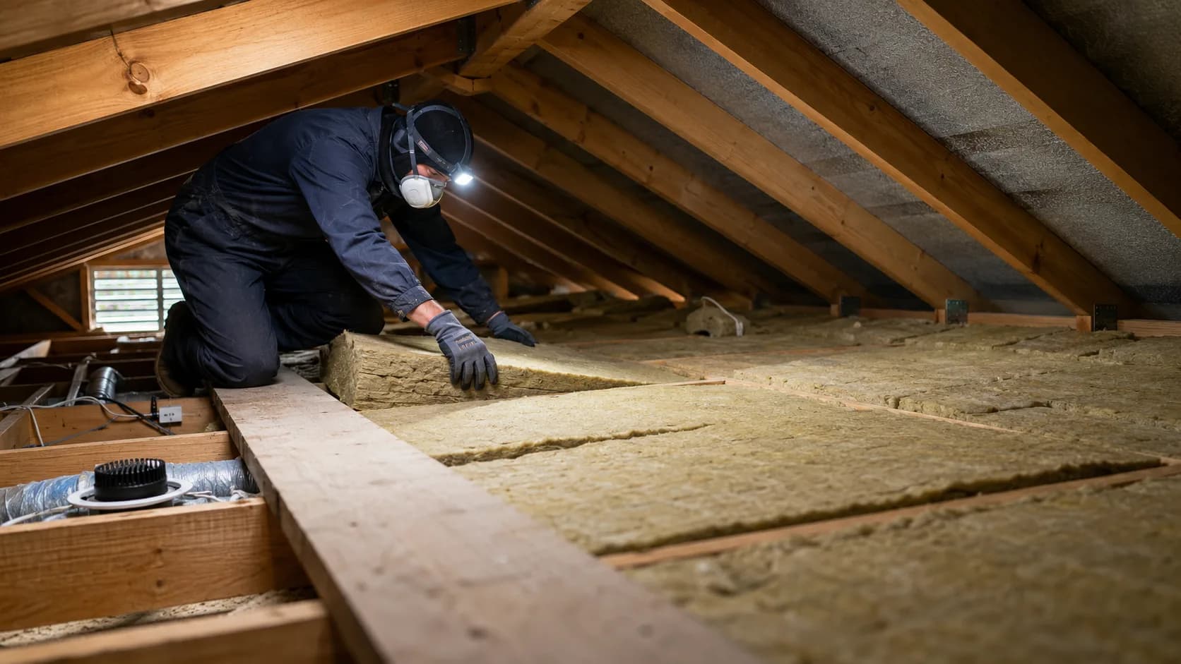An insulation installer working in a roof space in New Zealand