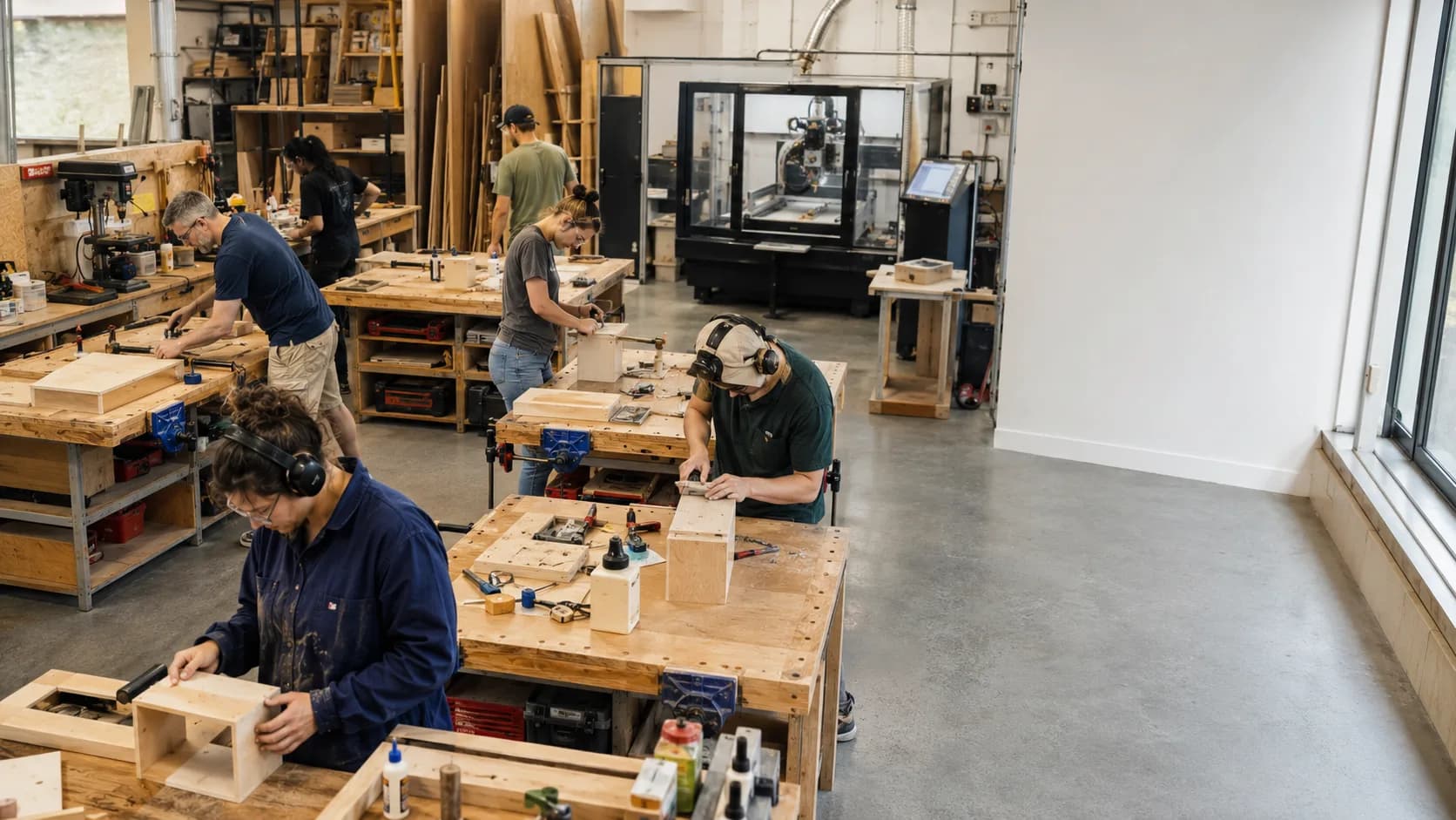 A group works safely around timber benches in a community makerspace