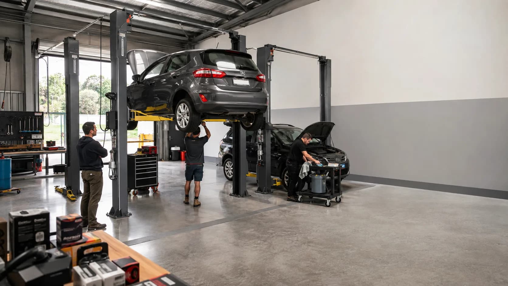 Restorers use a hoist and flat bay inside a city garage workshop