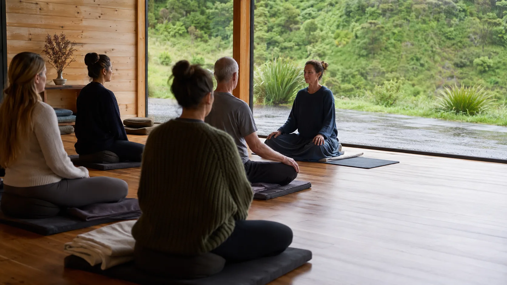 Meditation group seated in a timber retreat room in New Zealand