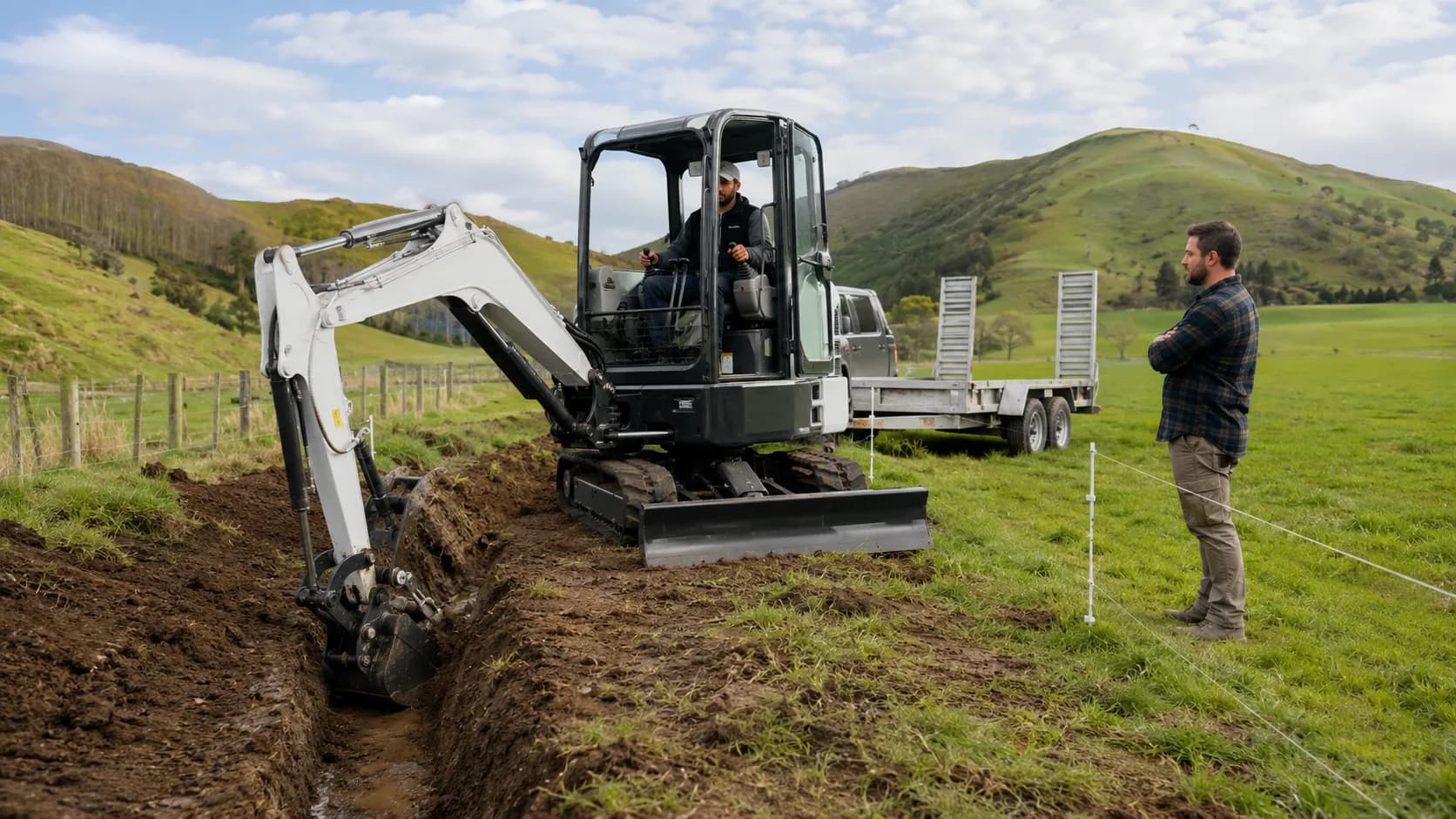 Customer inspecting a mini excavator on a rural New Zealand site