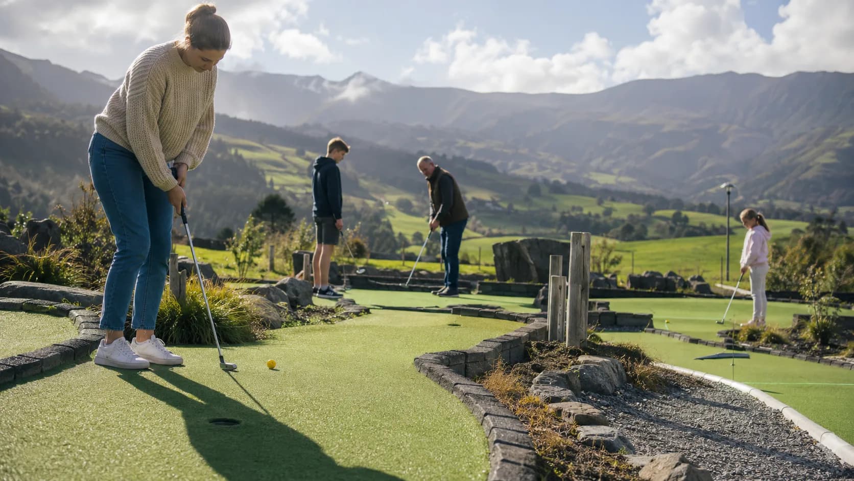 Families play a landscaped mini golf course in a New Zealand holiday park