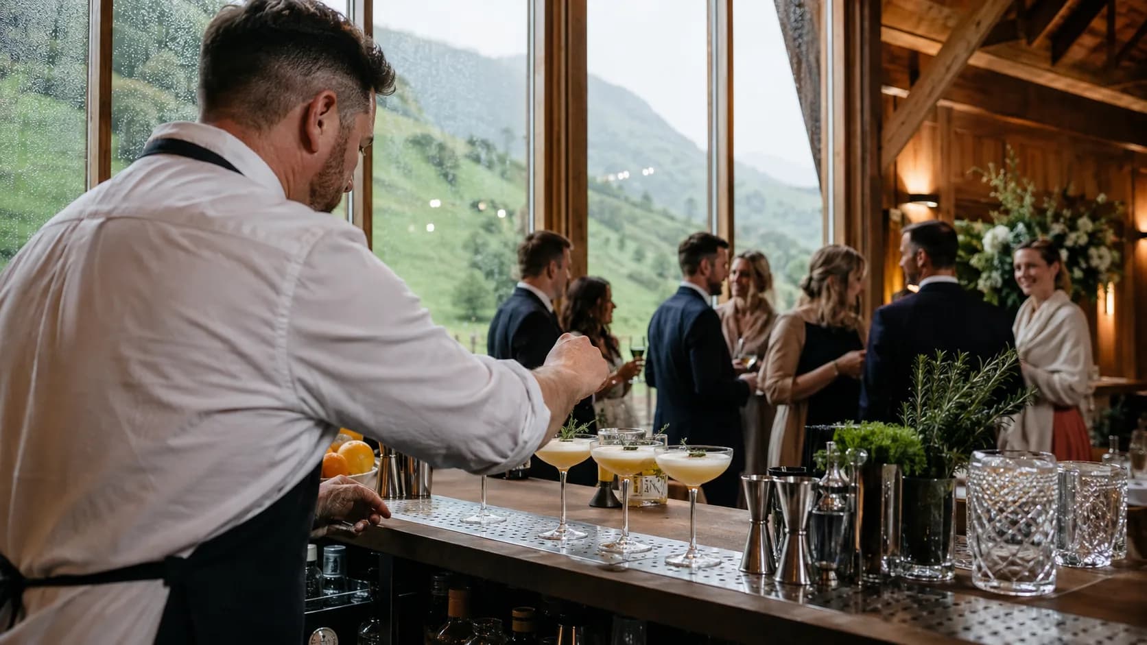 New Zealand cocktail bar serving guests inside a rainy timber lodge