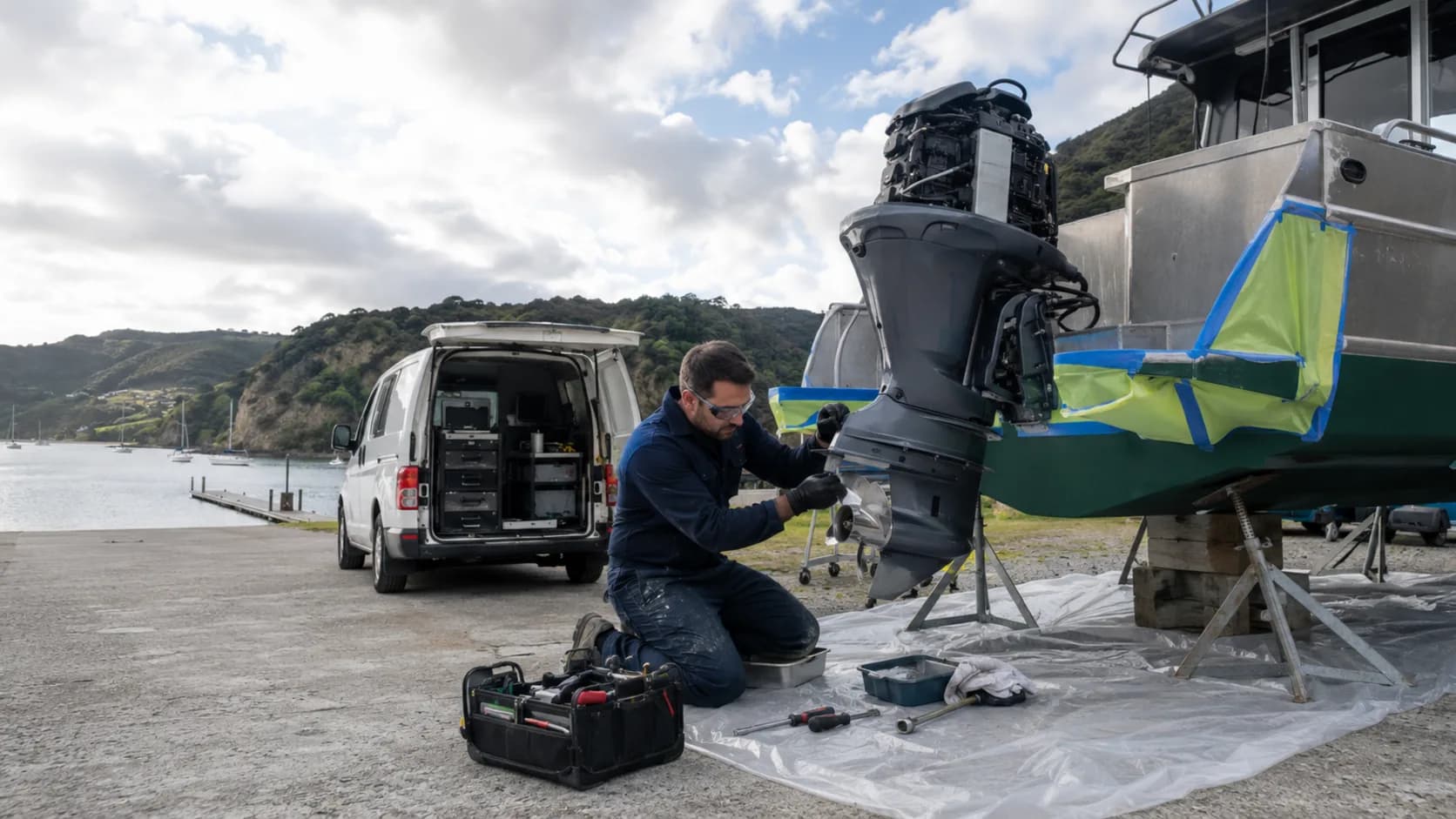 A marine mechanic servicing an engine at a marina berth in New Zealand