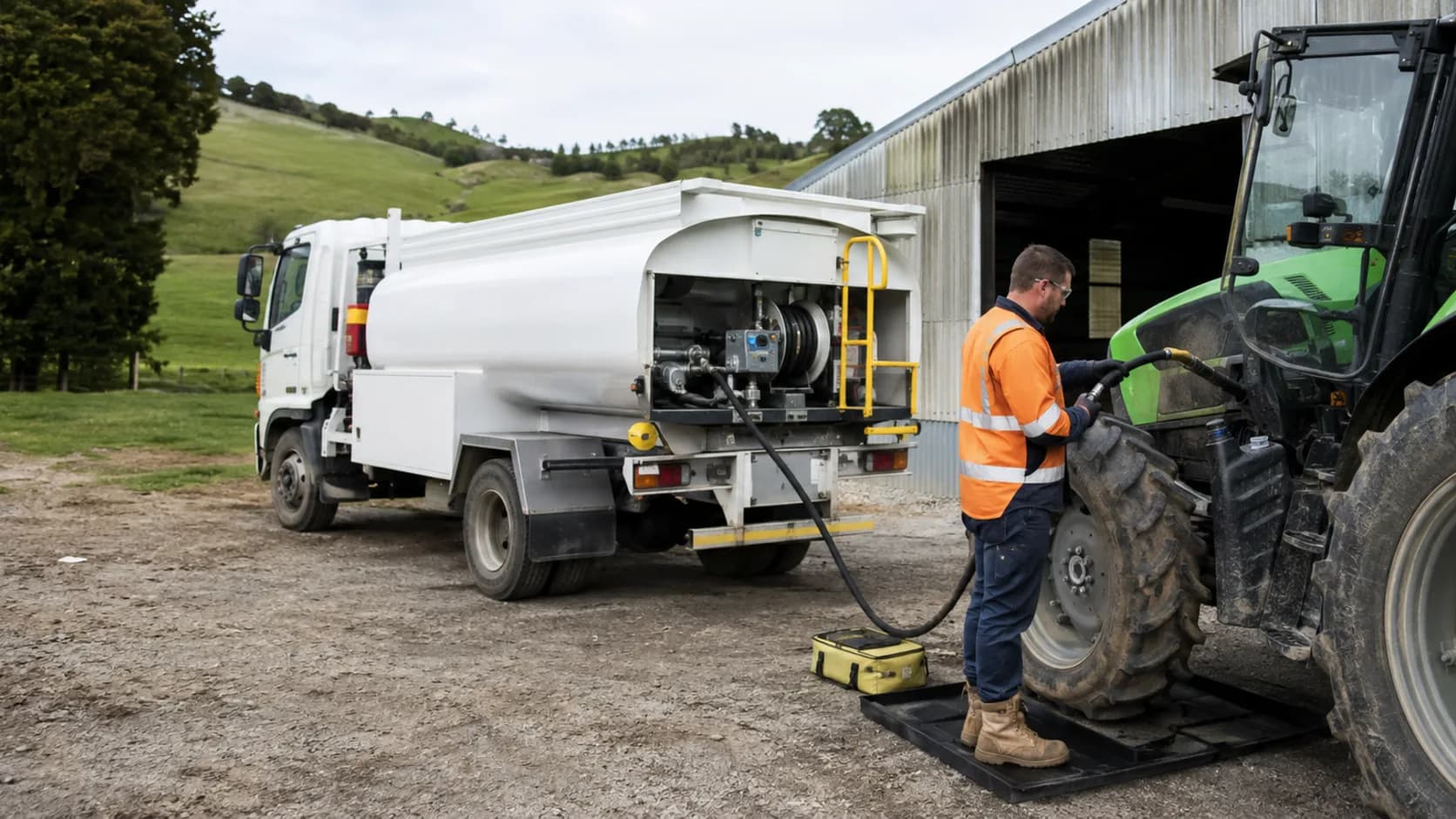 A fuel truck refuelling a tractor beside a farm shed, green hills behind