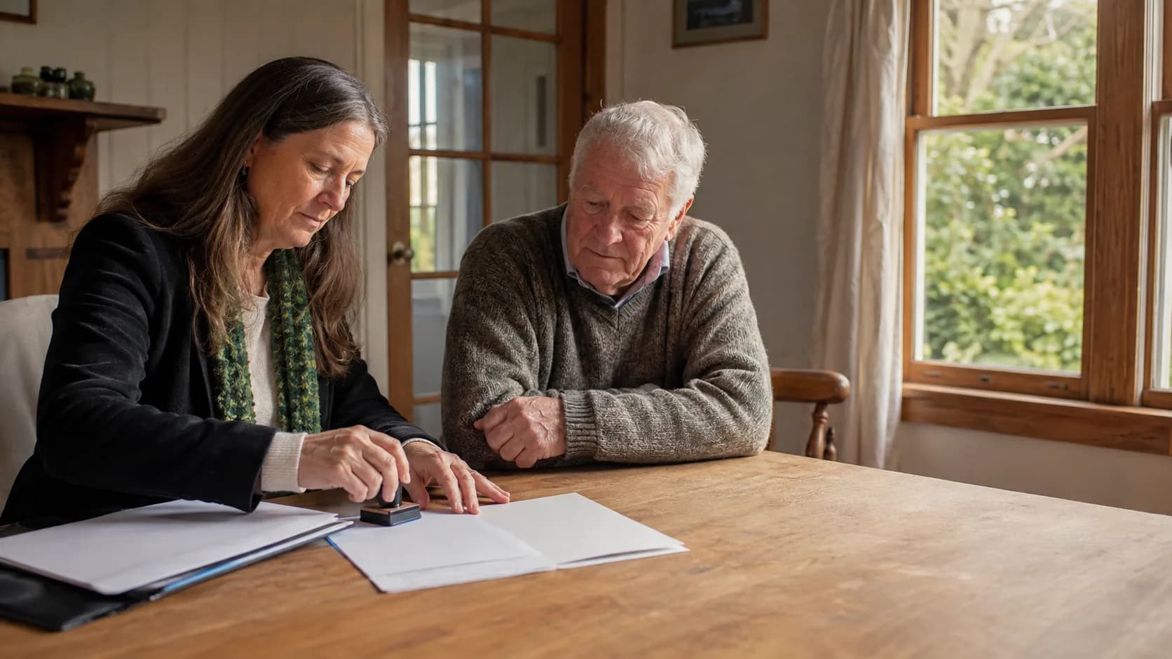 A notary and an older client sign documents at a table in a New Zealand home