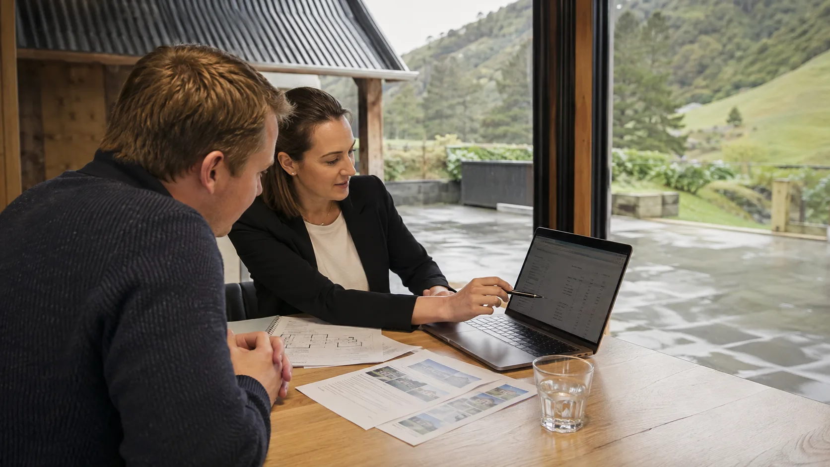 A mortgage broker compares lending scenarios with a buyer in New Zealand