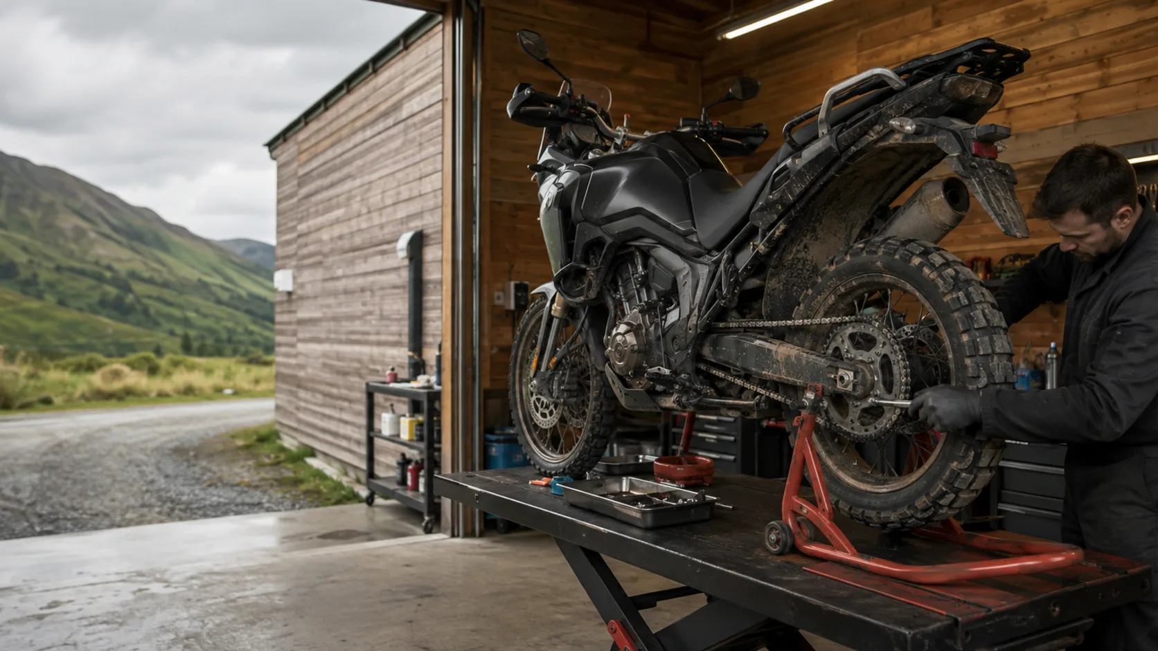 A mechanic working on a motorcycle in a workshop in New Zealand
