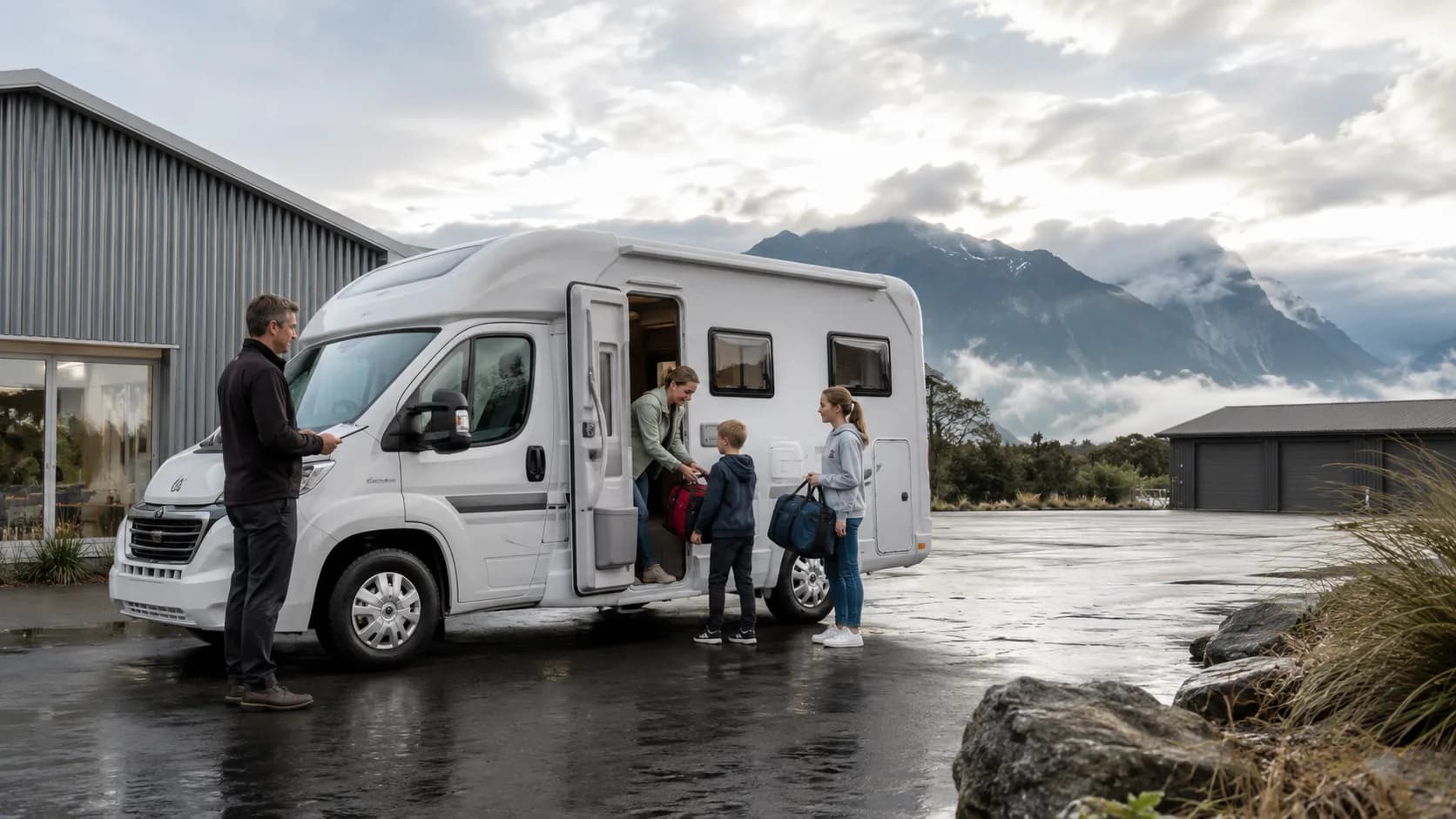 Operator greeting campervan guests after rain during a service handover in New Zealand