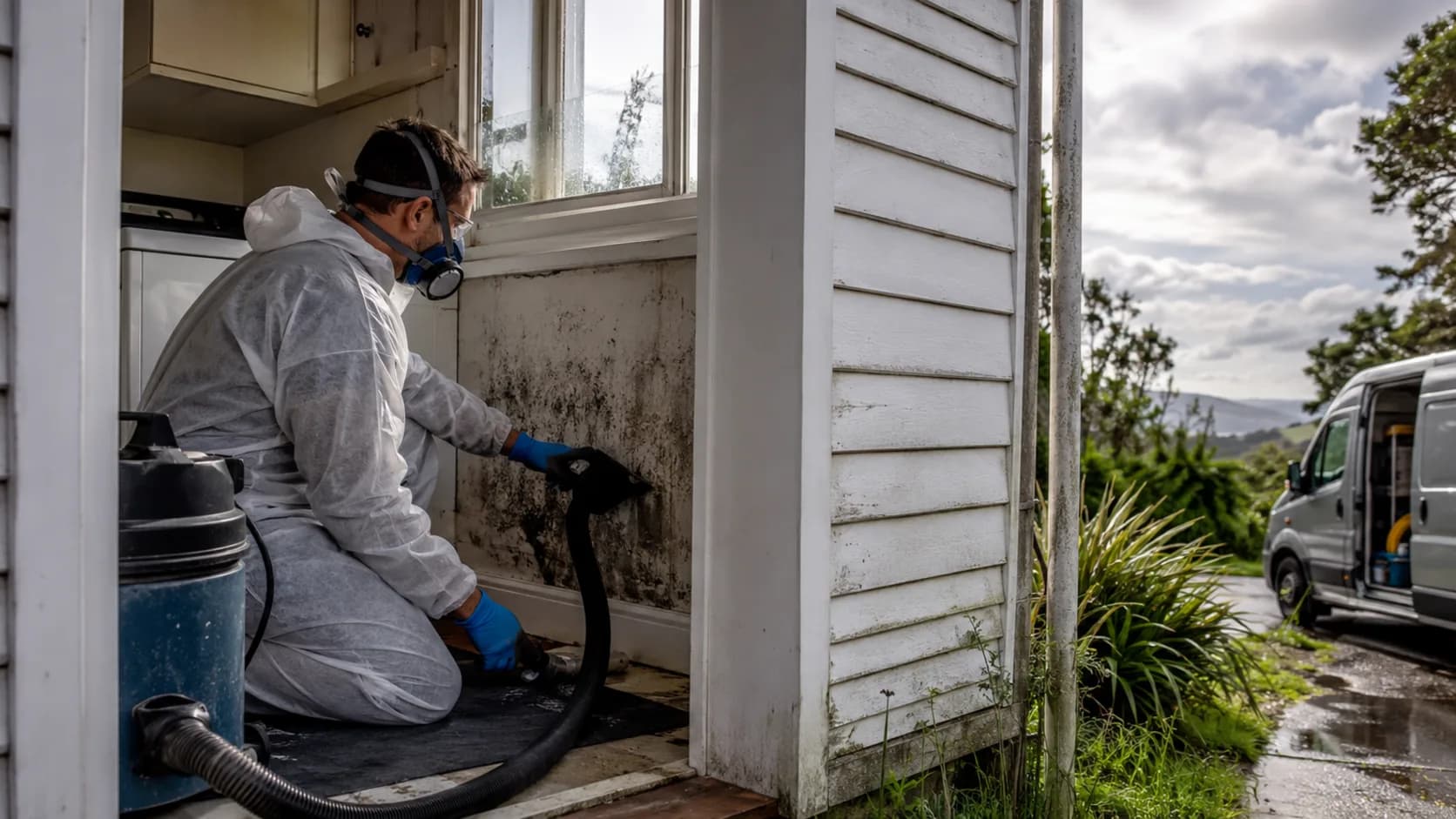 A specialist in protective gear treating a bedroom ceiling in a house in New Zealand