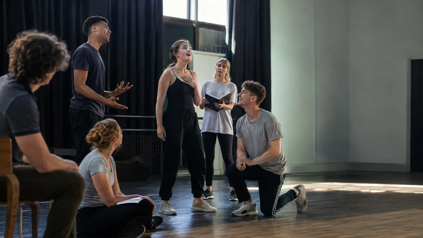 Young performers rehearsing musical theatre in a New Zealand arts room