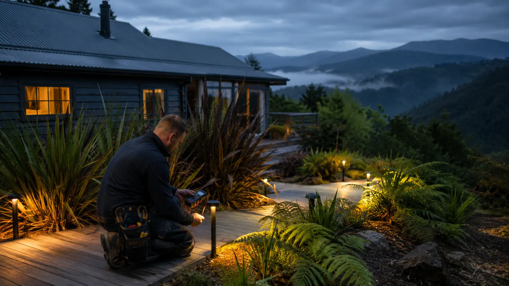 An installer wires a path light at dusk in a New Zealand garden below misty hills