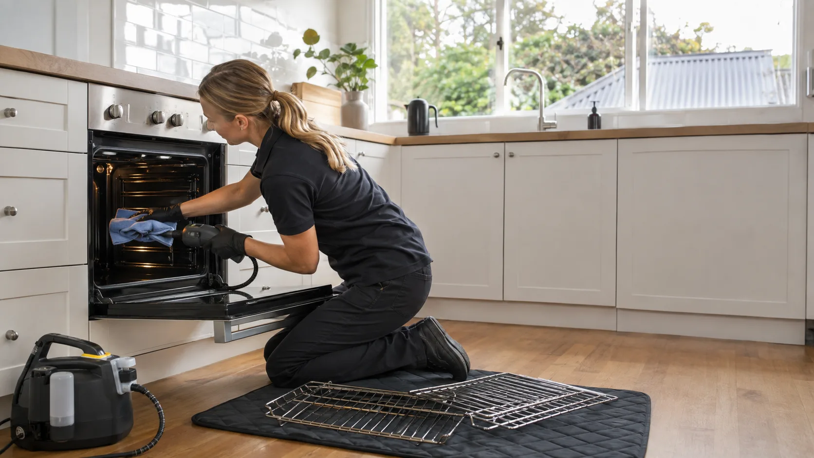An oven cleaner lifting the racks out of a kitchen oven in New Zealand