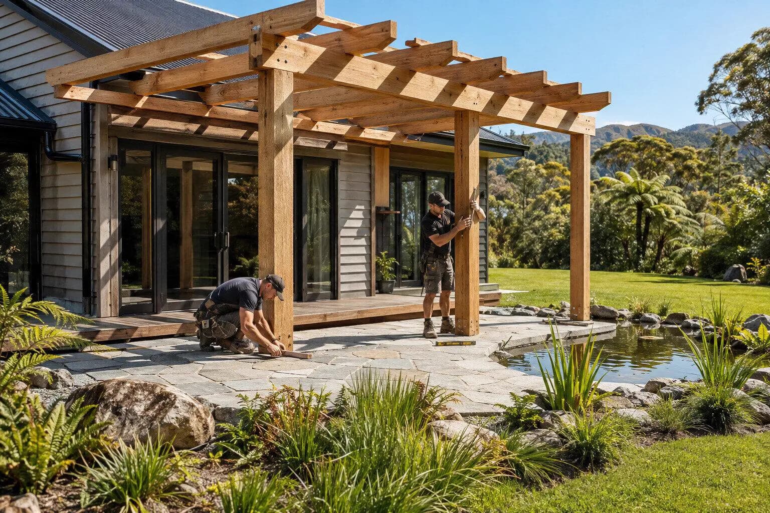 A builder fixing a pergola beam to a house wall in New Zealand
