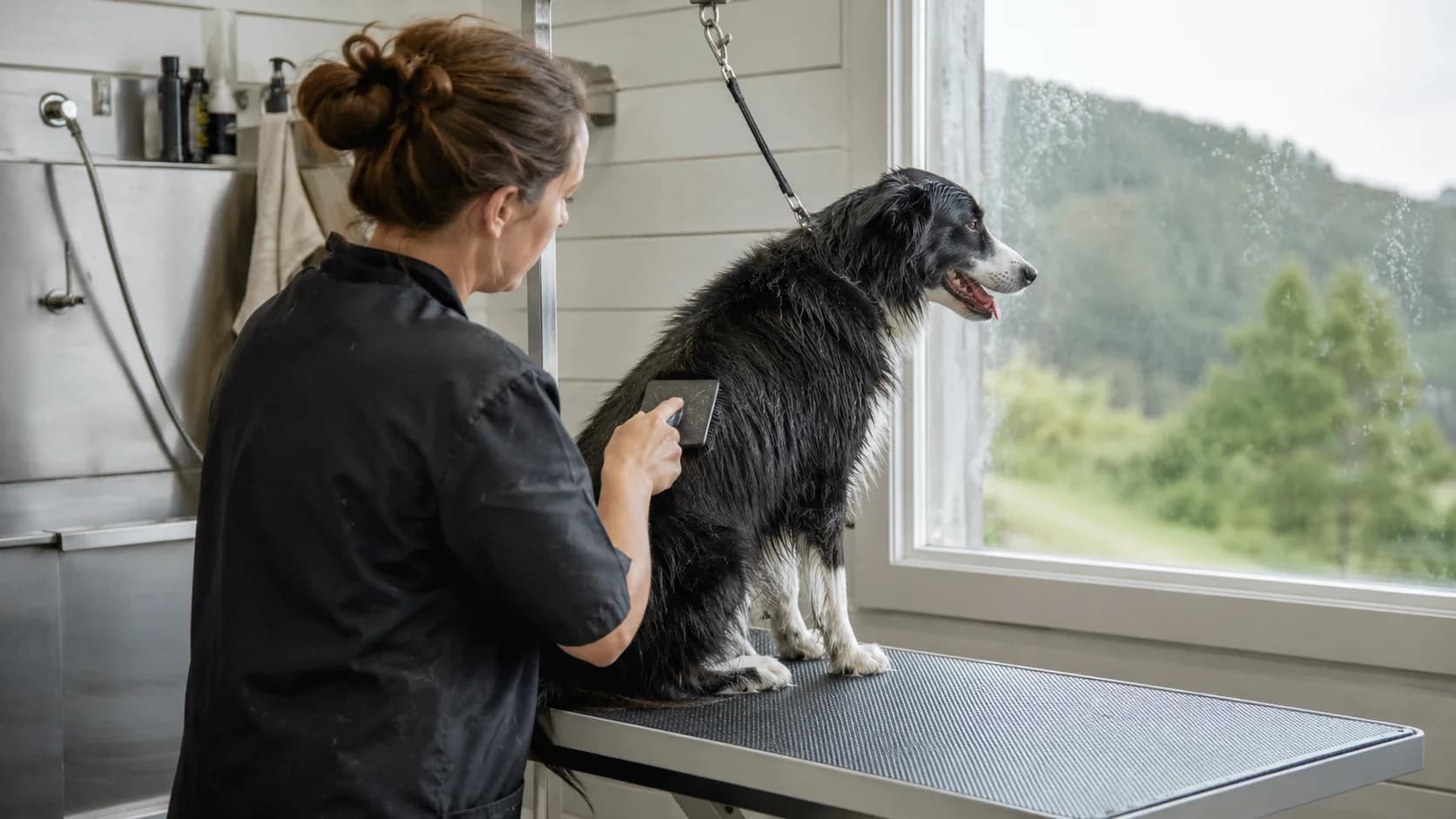 A groomer brushes a wet collie at a table in a New Zealand salon