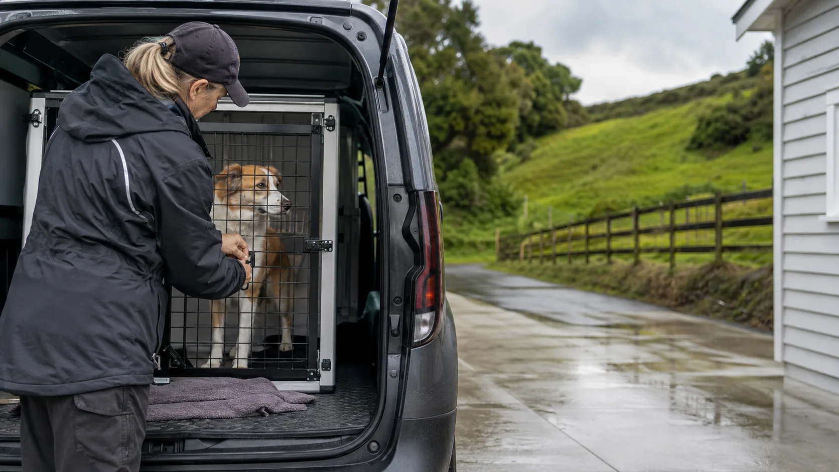 A driver settles a dog into a travel crate in a van on a New Zealand road