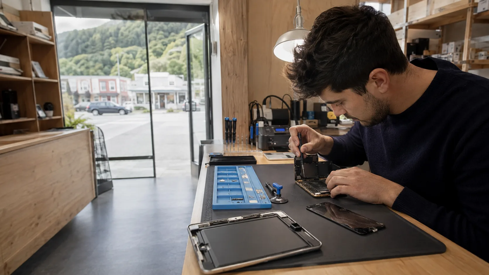 A technician replacing a phone screen at a repair bench in New Zealand