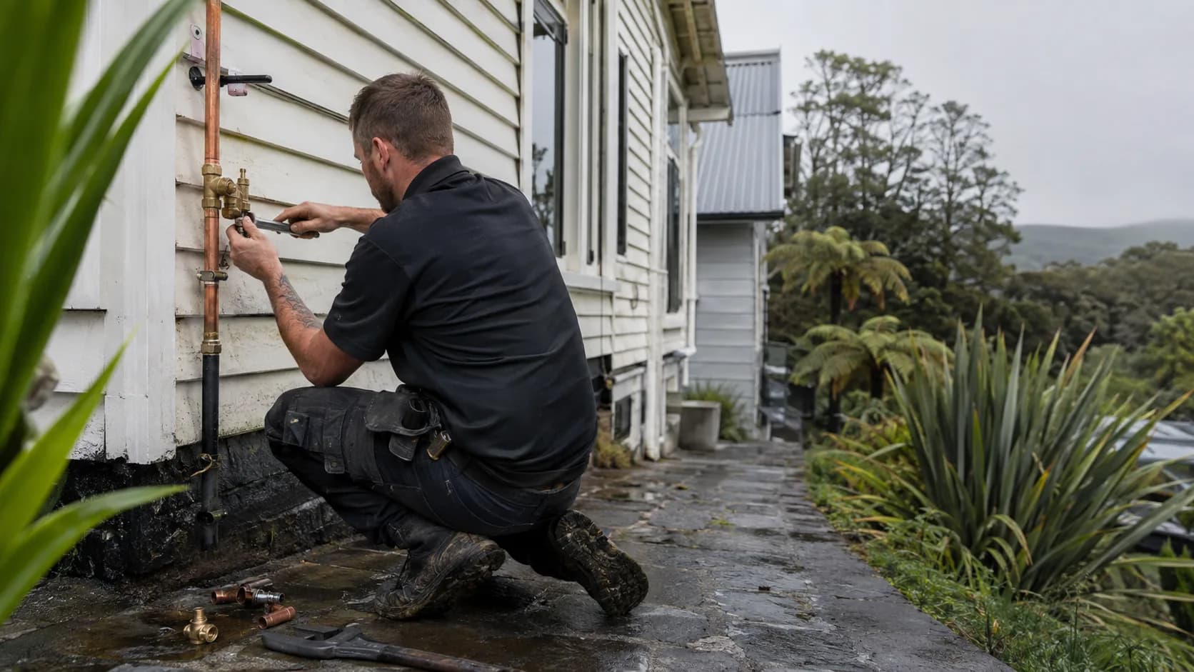 A plumber at work under a kitchen sink in New Zealand