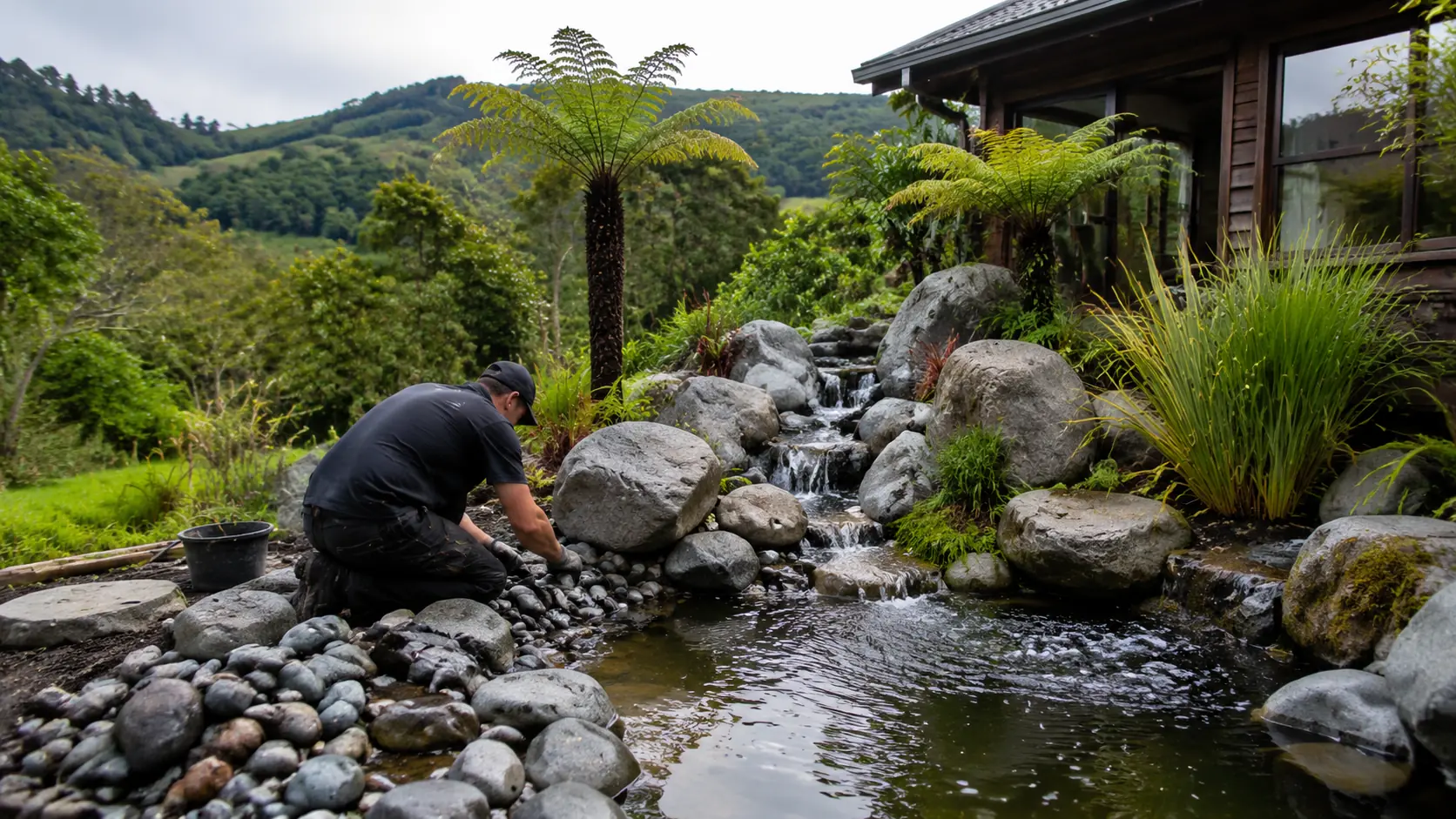 A technician works on a rock waterfall in a New Zealand garden with tree ferns