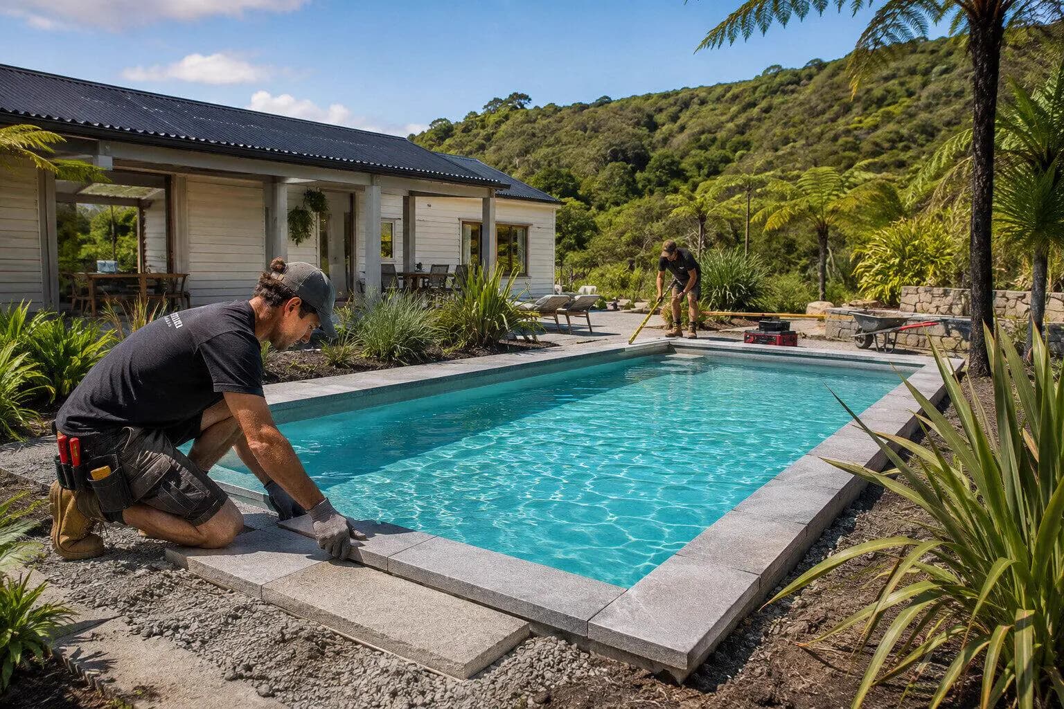 A crew shaping the shell of a new backyard pool in New Zealand