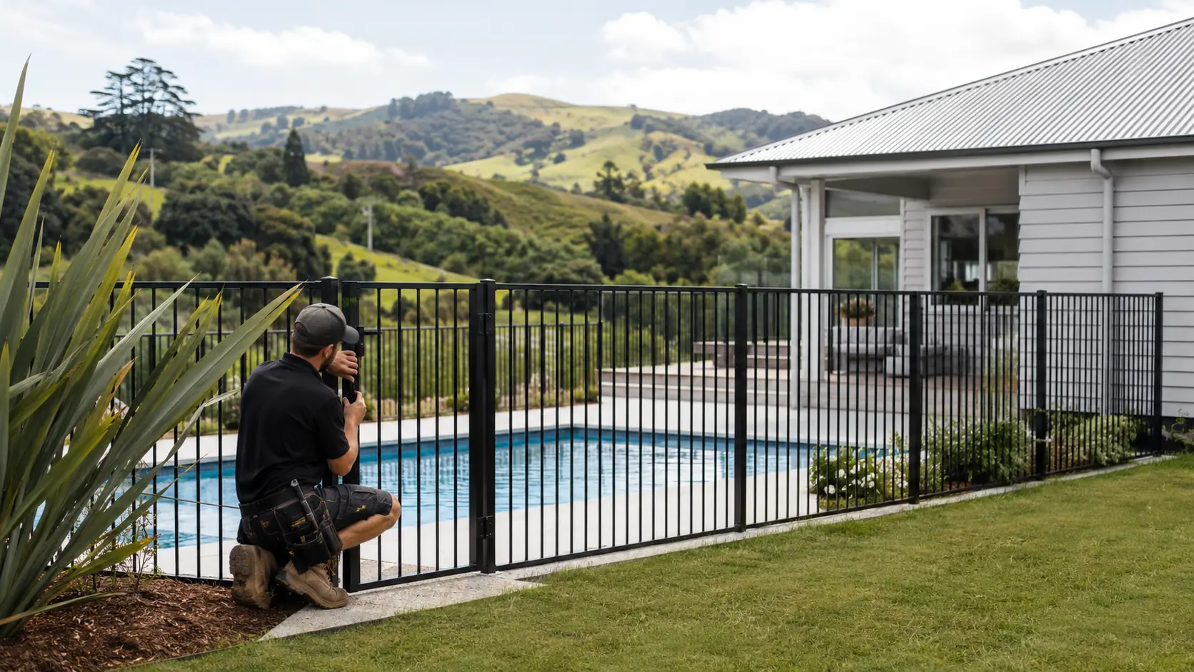 An installer checks a black pool fence beside a pool with New Zealand hills behind
