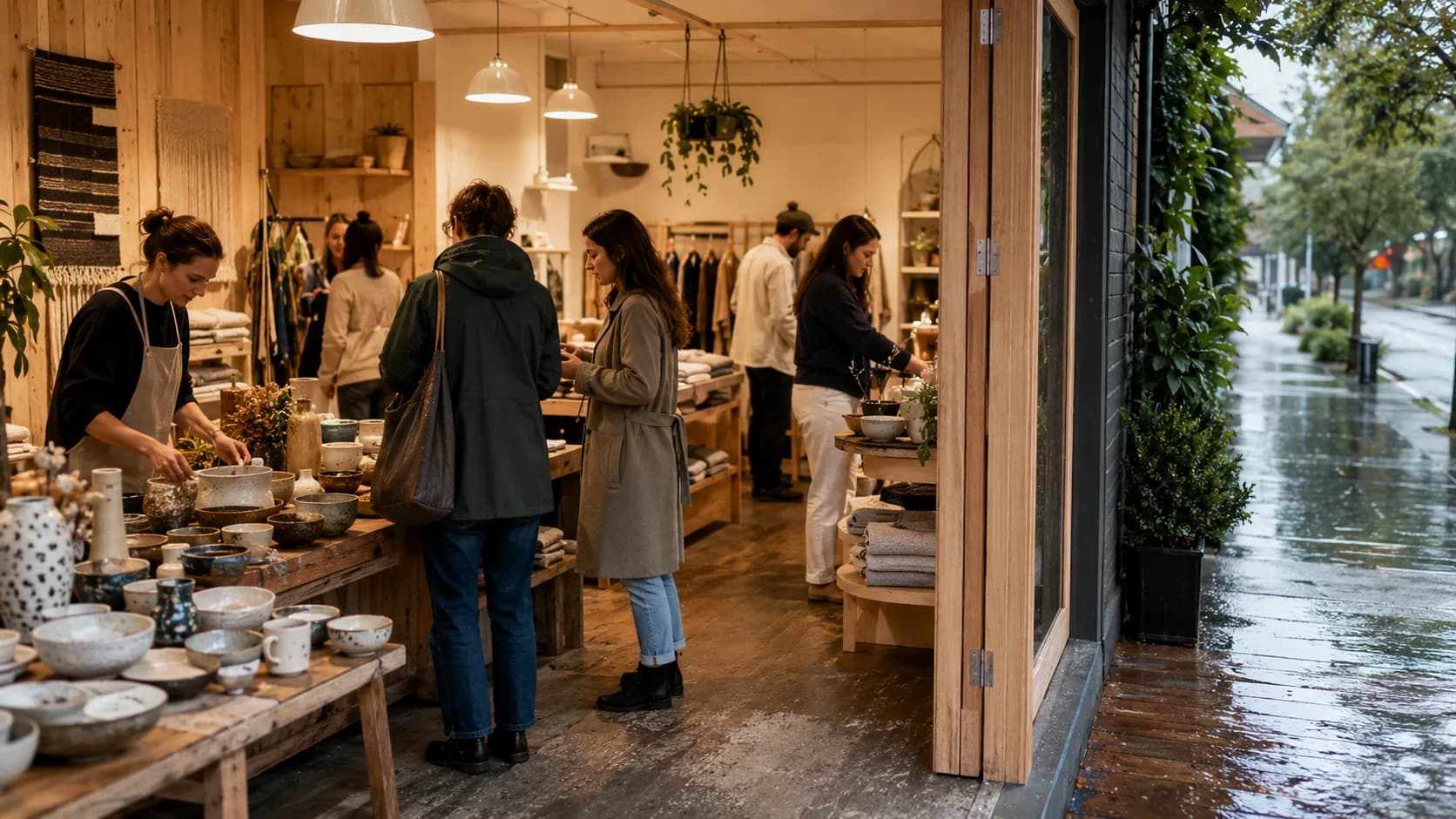 Staff prepare an active pop-up shop as customers begin arriving