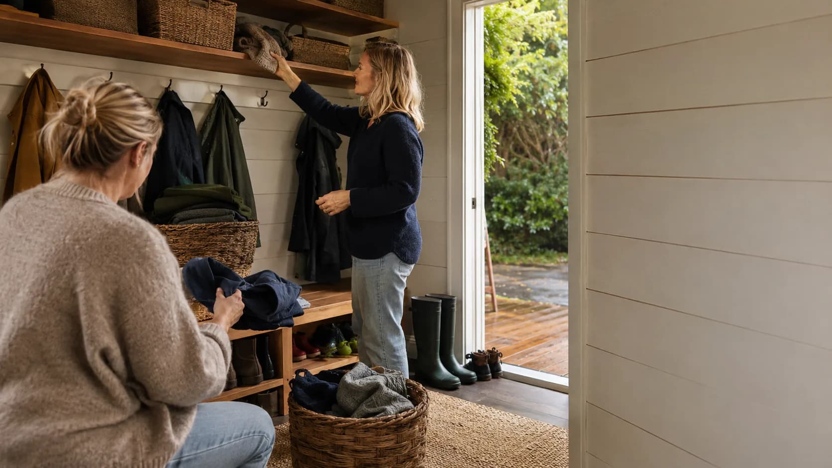 An organiser sorts a coat and boot rack with a client in a New Zealand entry