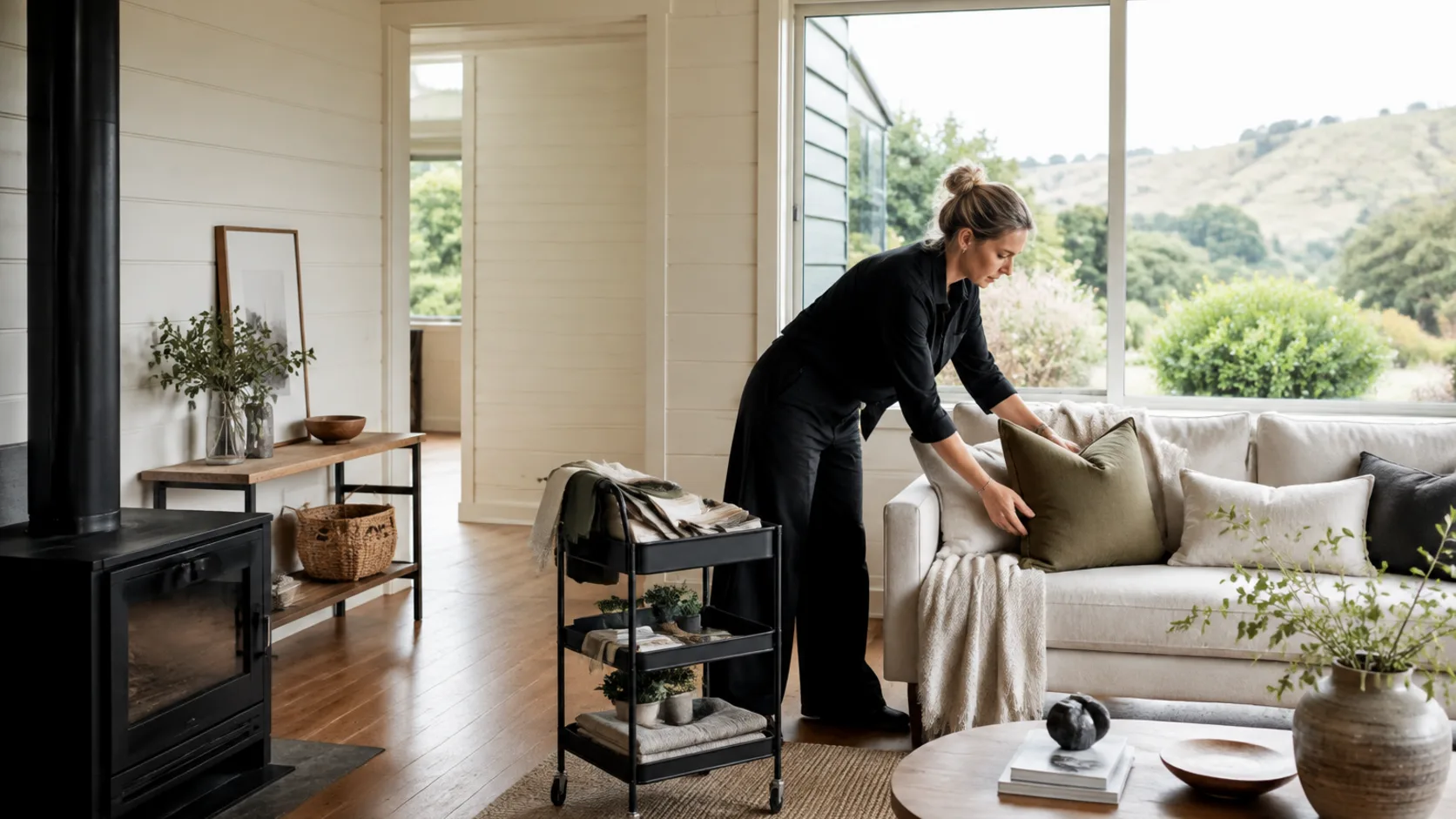 A stylist dressing an empty living room for sale in New Zealand