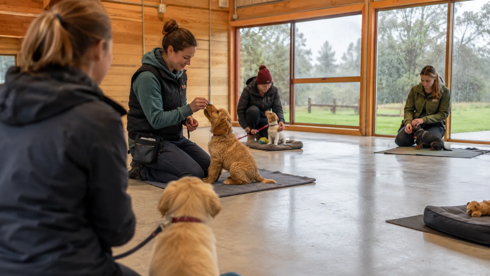 For puppy classes, puppies practise calm handling in a New Zealand training hall
