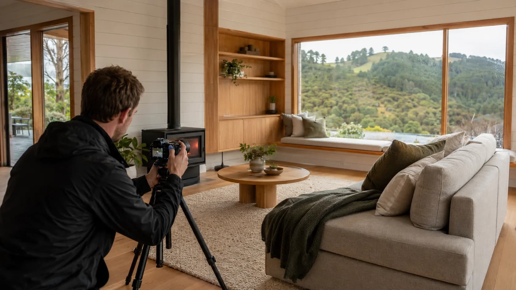 A photographer shoots a living room with a wood burner in a New Zealand house