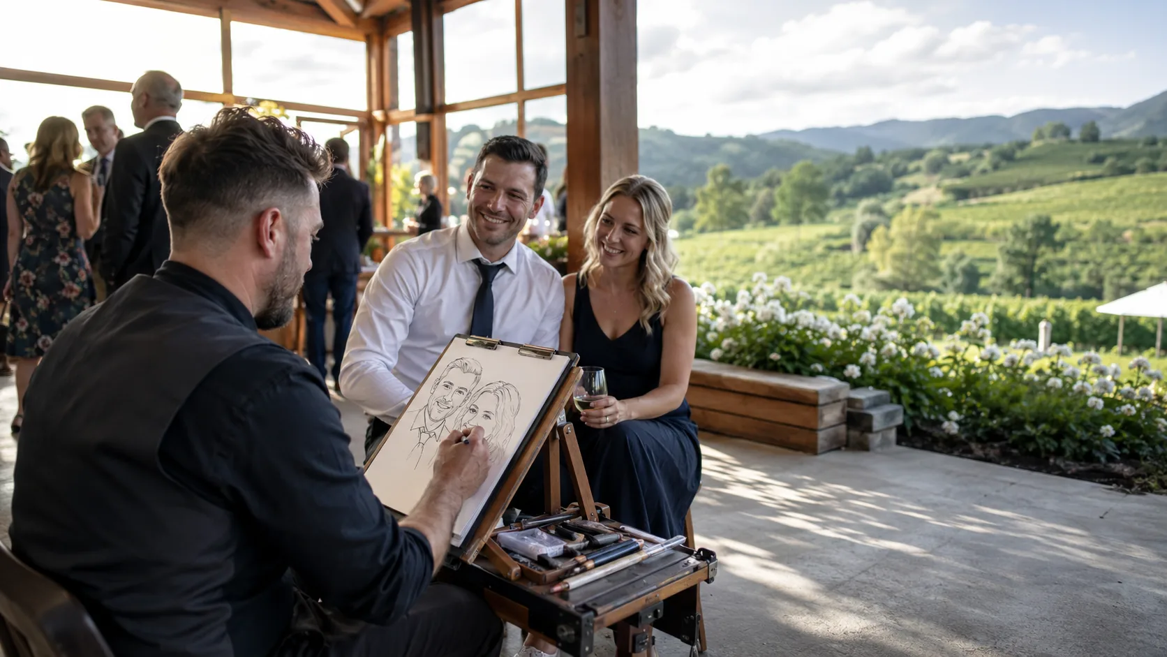 Caricaturist sketching a guest at a lively event in New Zealand