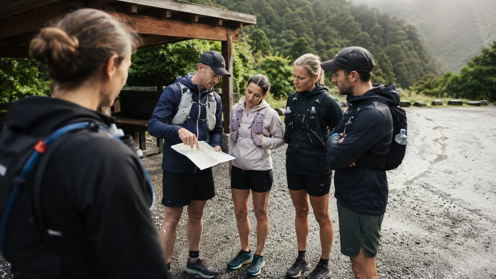 For run clubs, trail runners receive a route briefing before a New Zealand club run