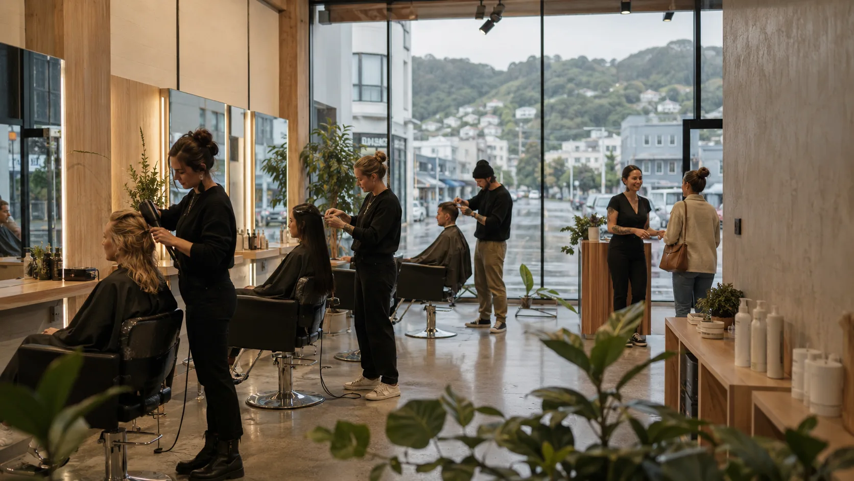 Independent stylists work from occupied chairs inside a bright shared salon