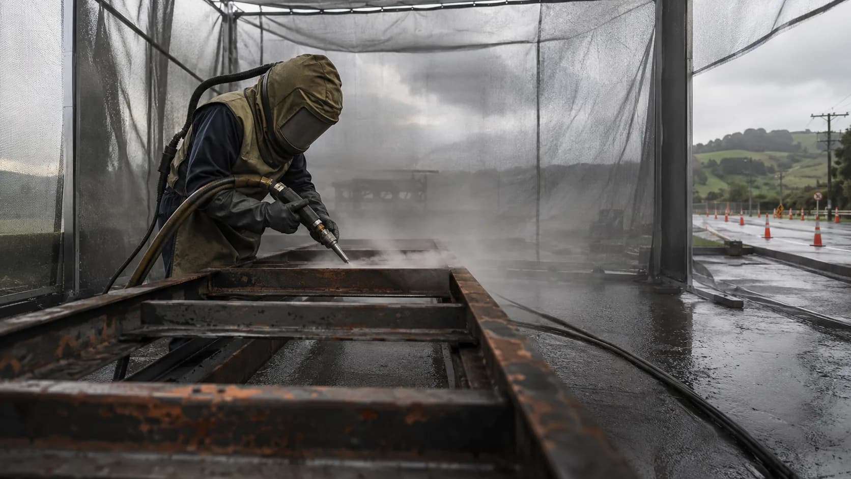 A blaster stripping rusted steel back to bare metal in New Zealand