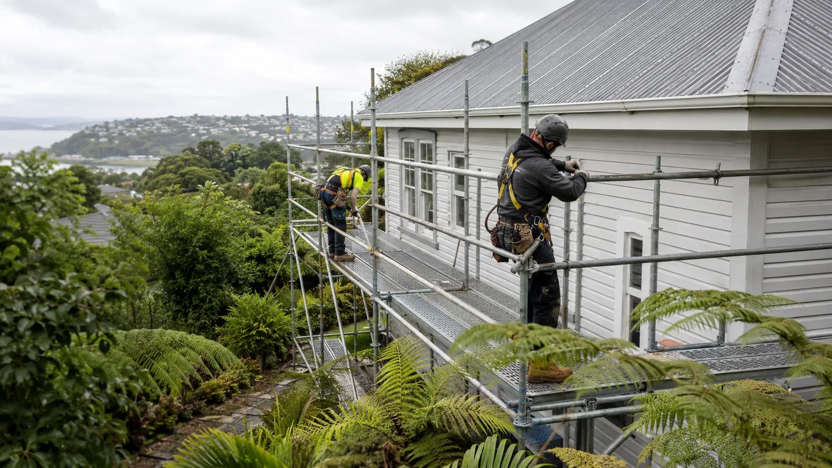 Scaffolders erecting a scaffold on a house in New Zealand