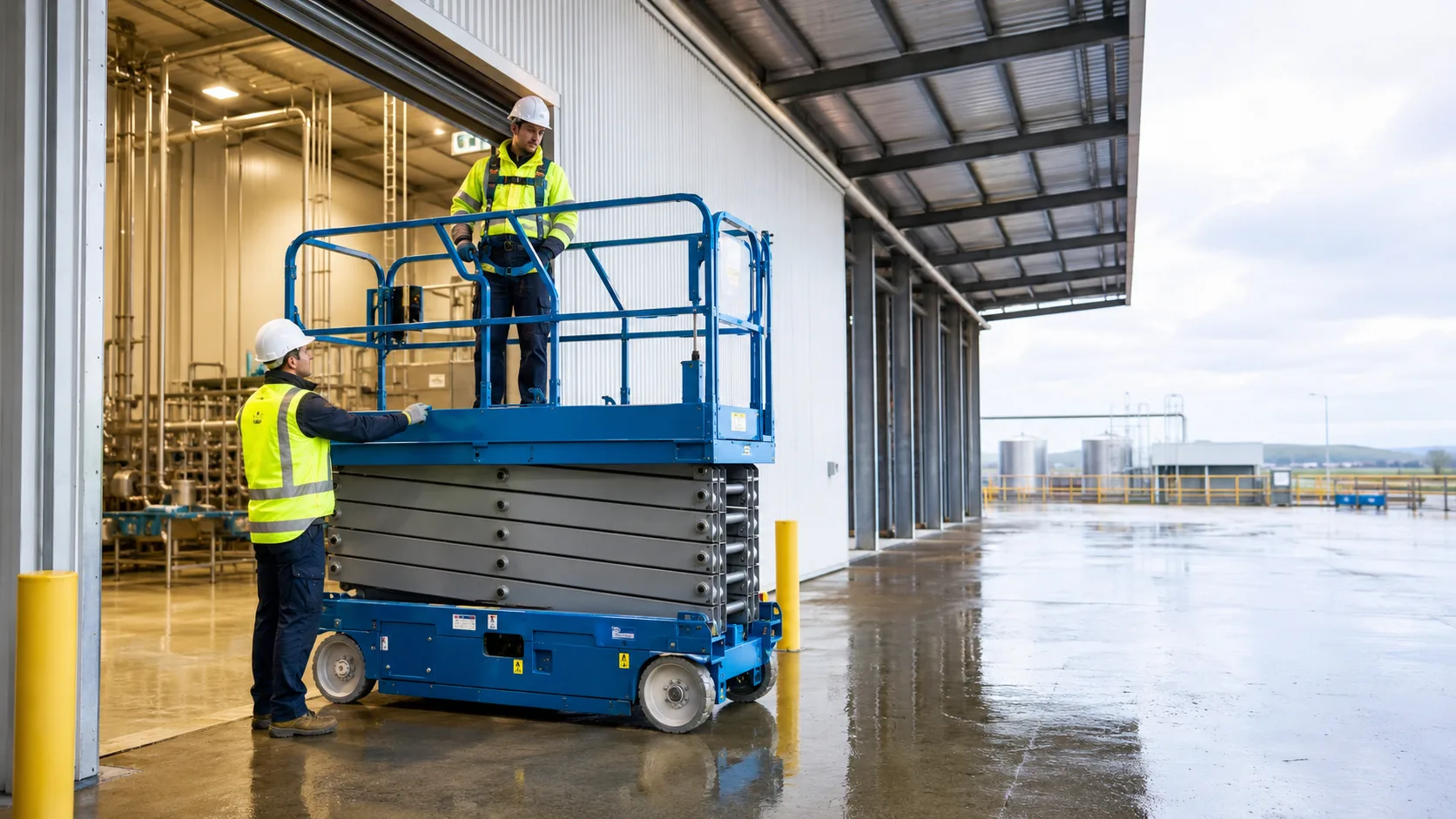 Technician checking a scissor lift at a New Zealand depot