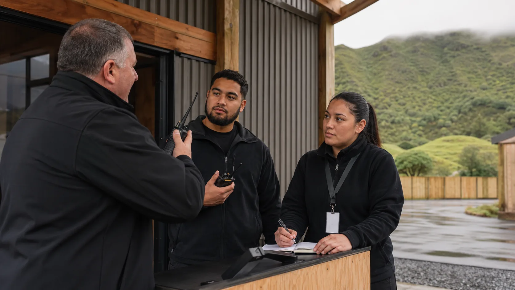 Security trainees rehearse calm access control with radios and incident notebooks in New Zealand