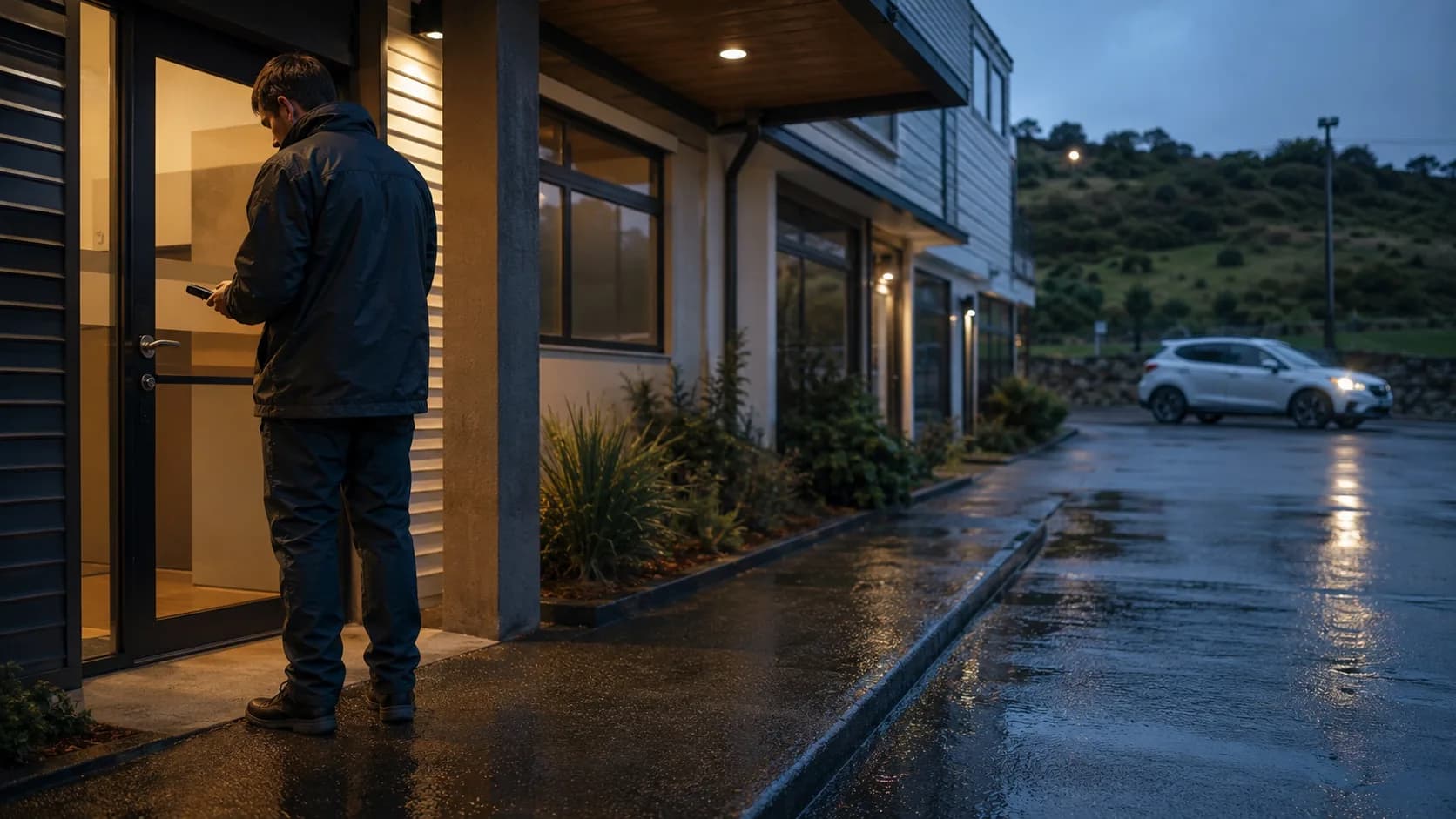 A patrol officer checks a lit doorway at a New Zealand business on a wet evening
