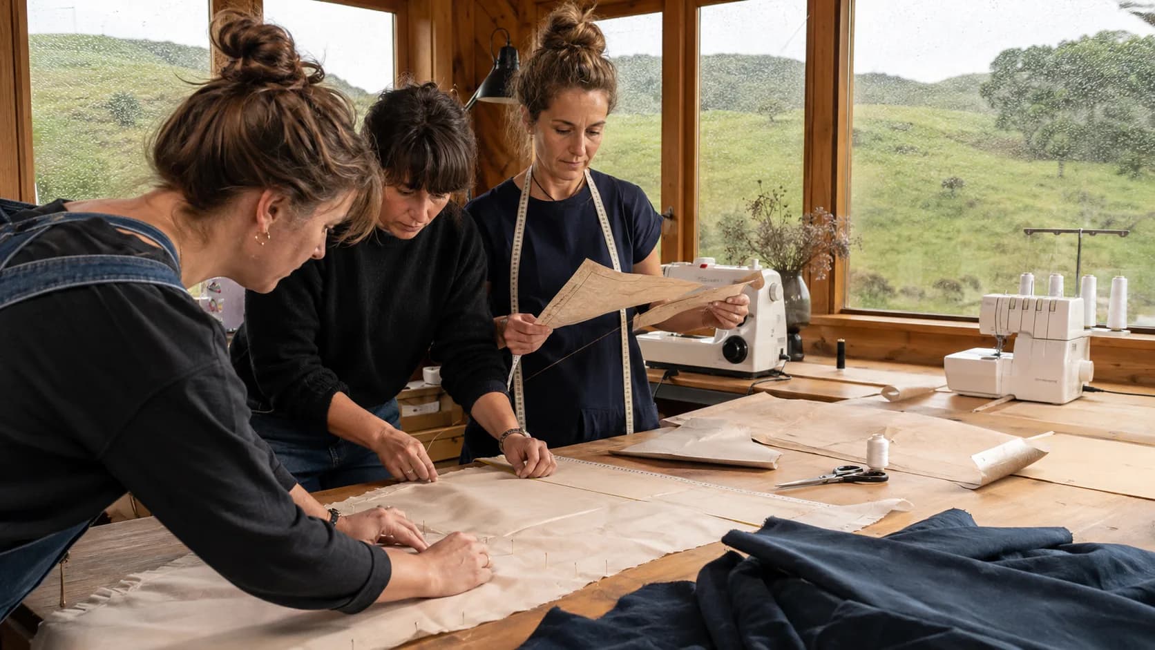A tutor guides makers using sewing machines in an active dressmaking class in New Zealand