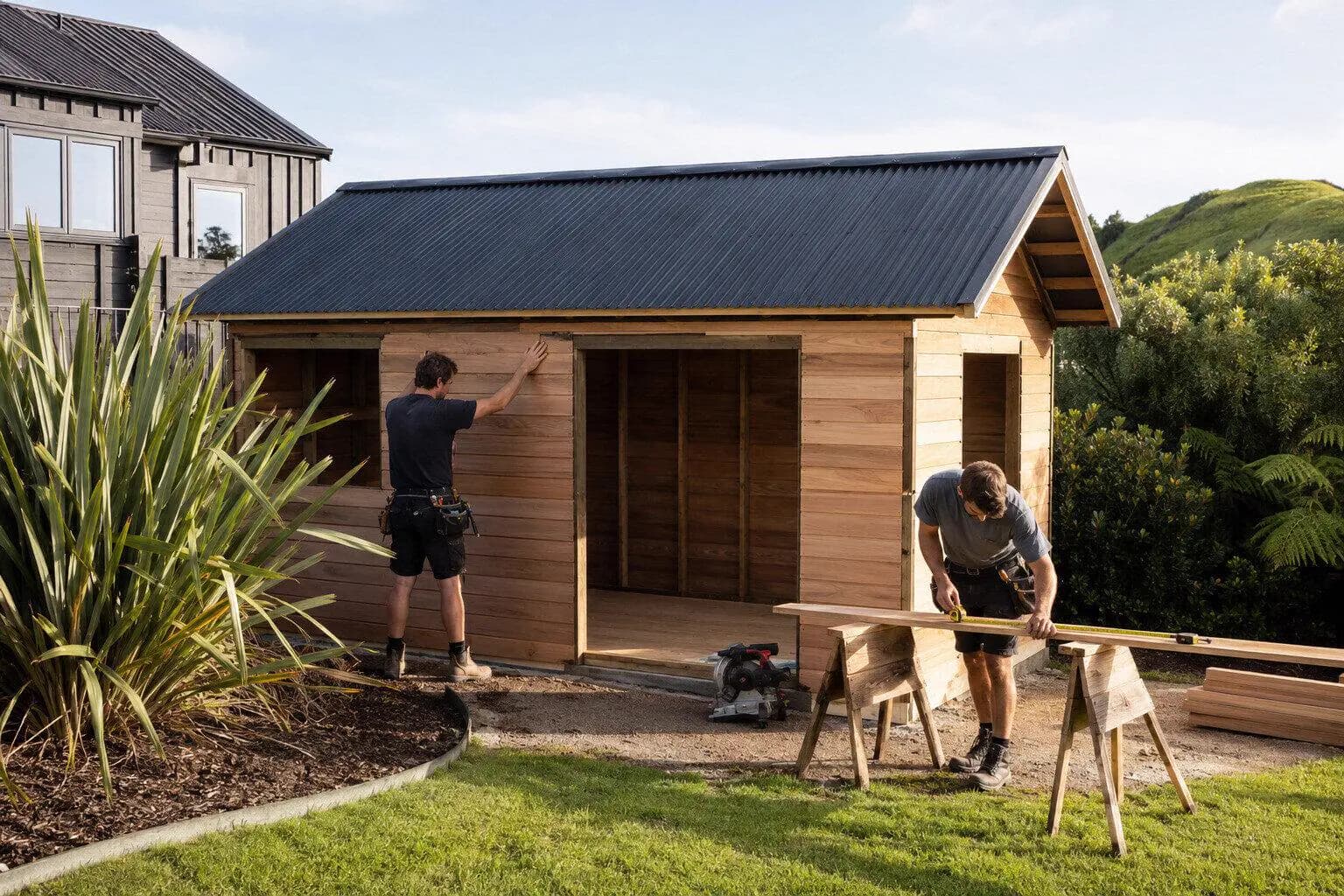 A crew standing a steel shed frame on a poured pad in New Zealand