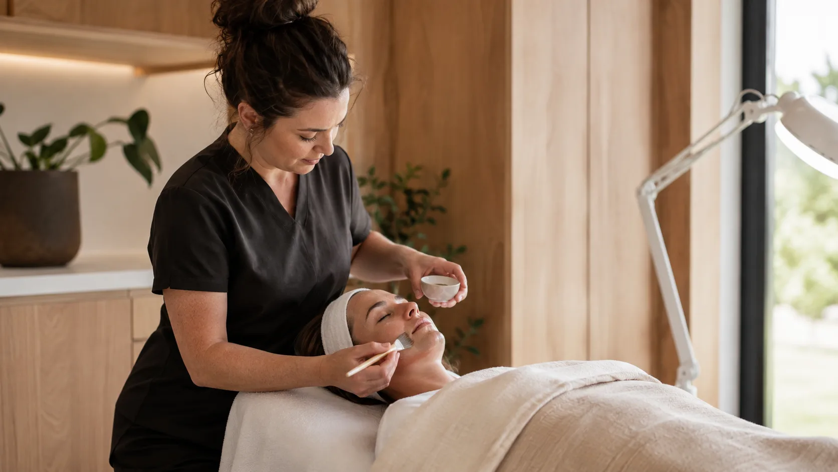 Skin therapist applying a facial mask for a client inside a timber-lined studio in New Zealand